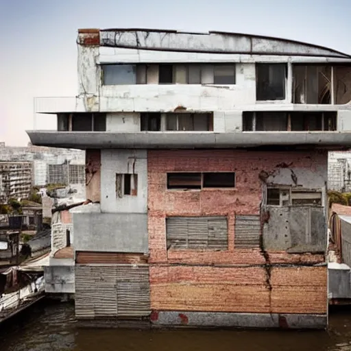 Image similar to a floating luxury house in the sky above a derelict city, the house is floating in the sky