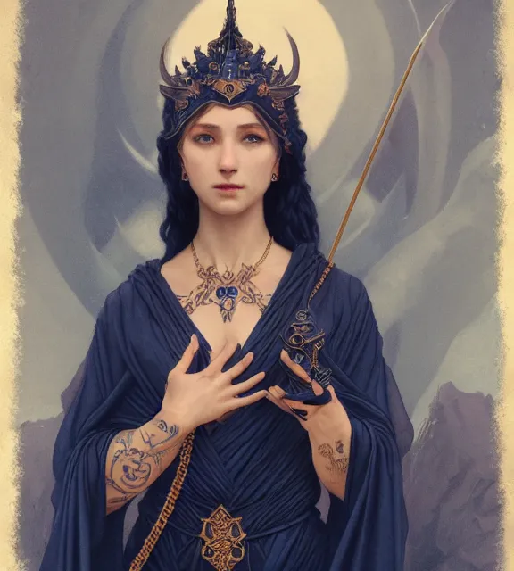 Image similar to god of death, in the underworld, elegant dark blue dress, very detailed, throne, very intricate details, jewelry, delicate tattoos, elaborate long hairstyle, cinematic, artstation, william bouguereau, greg rutkowski, rossdraws, octane render