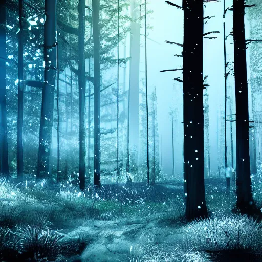 Prompt: bright nordic forest, sparkling spirits, detailed wide shot, wireframe, ground detailed, wet eyes reflecting into eyes reflecting into infinity, beautiful lighting