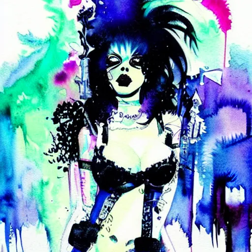 Image similar to Beautiful detailed watercolor medium shot of a cute goth punk girl by Bill Sienkiewicz, trending on pinterest