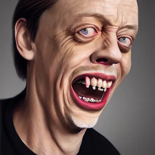 Image similar to hyperrealistic mixed media image of steve buscemi, exaggerated teeth, stunning 3 d render inspired art by greg rutkowski xiang duan thomas eakes, perfect facial symmetry, immaculate complexion, realistic, highly detailed attributes and atmosphere, realistic mouth and teeth, dim volumetric cinematic lighting, 8 k octane detailed render, post - processing, masterpiece,