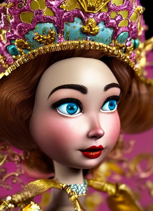 Prompt: closeup face profile portrait of tin toy sylvia sims as a fairytale princess wearing a crown eating cakes, bikini, depth of field, zeiss lens, detailed, symmetrical, centered, fashion photoshoot, by nicoletta ceccoli, mark ryden, lostfish, breathtaking, 8 k resolution, extremely detailed, beautiful, establishing shot, artistic, hyperrealistic, octane render