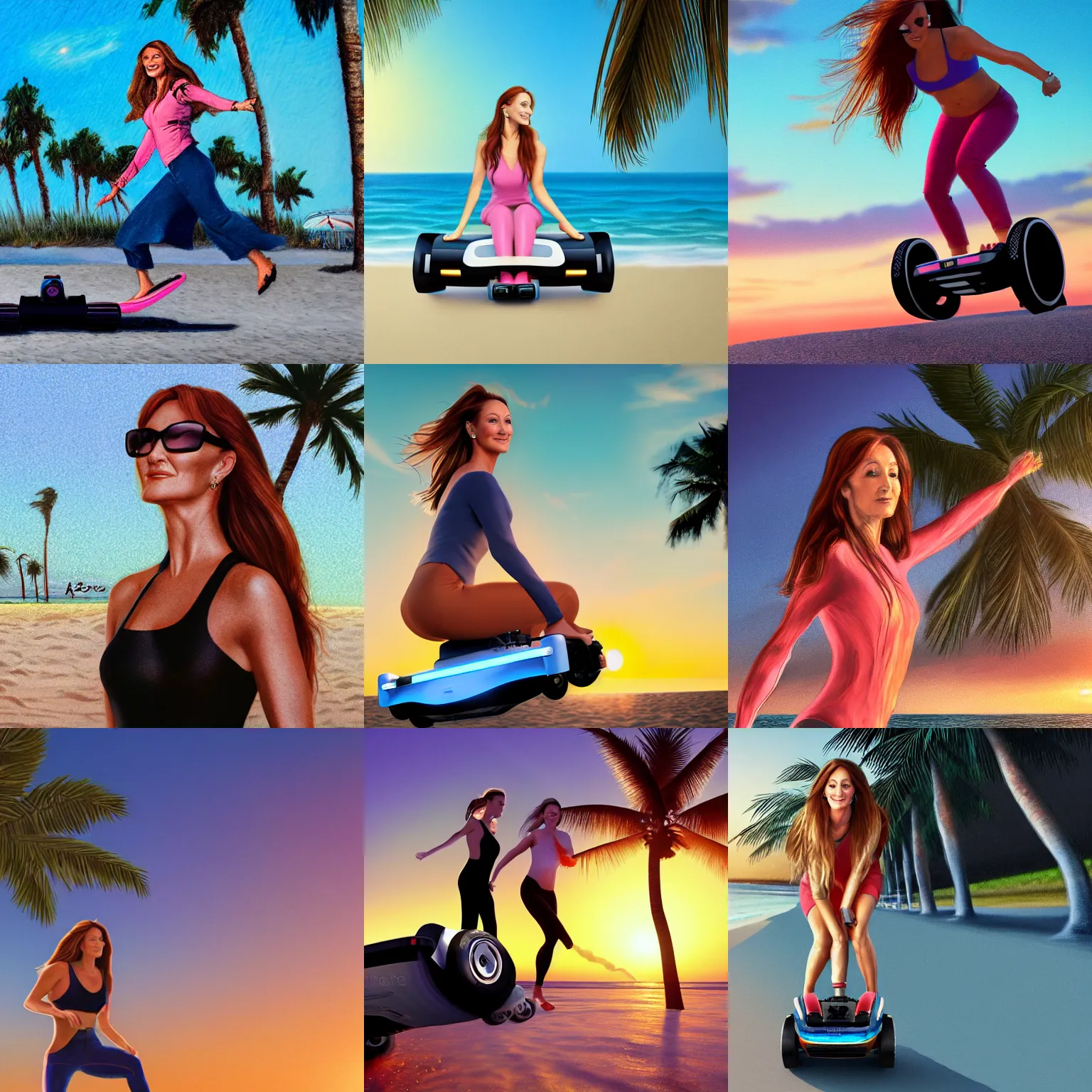 Prompt: a closeup photorealistic colored pencil sketch of Jane Seymour riding a hoverboard at the beach during sunset. Palm trees in the background. This 4K HD image is Trending on Artstation, featured on Behance, well-rendered, extra crisp, features intricate detail and the style of Unreal Engine.