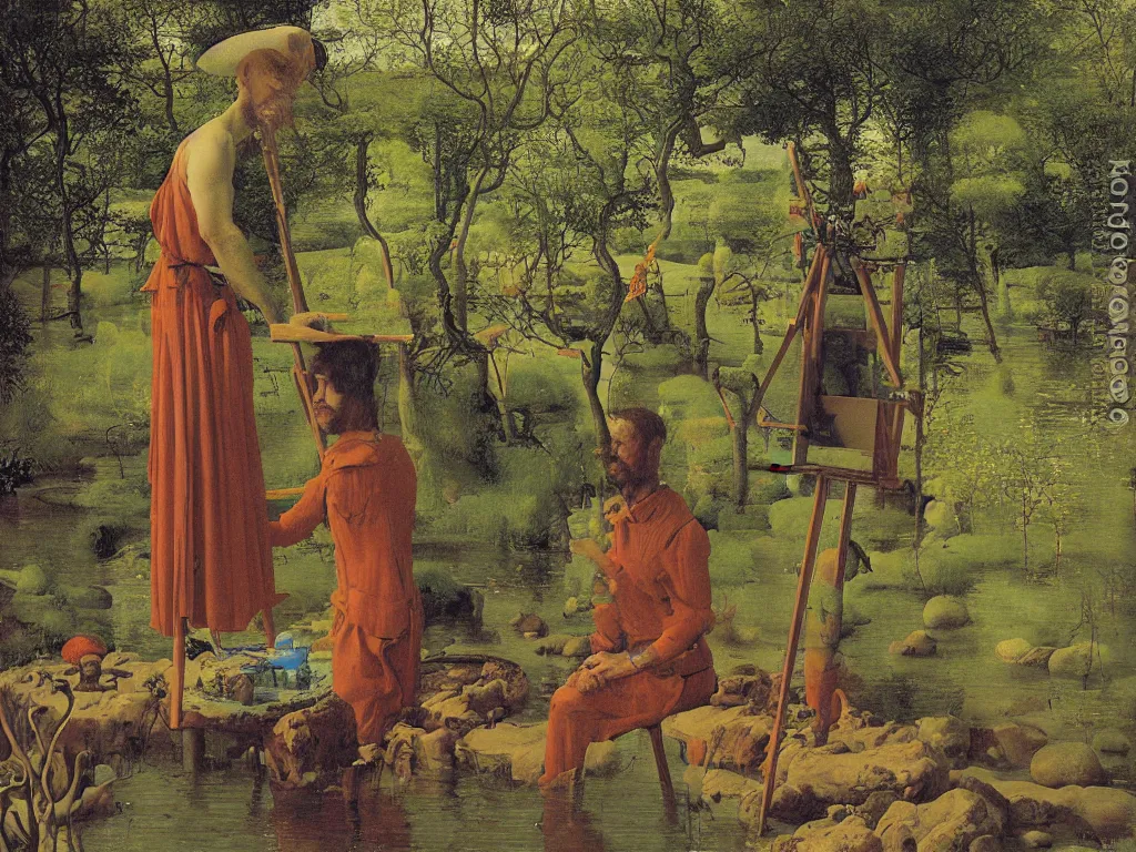 Image similar to Portrait of an artist painting at his easel knee deep in a river. Humanoid rocks, coral-like pebbles, spring orchard in bloom. Painting by Jan van Eyck, Georges de la Tour, Rene Magritte, Jean Delville, Max Ernst, Beksinski