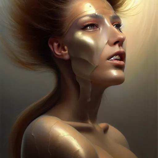 Image similar to portrait of very beautiful woman with a large obvious scar across her cheek and lips, very very beautiful, wearing futurist spacesuit space armor, Alexandria's genesis, chin-length hair, bored, illustration, soft lighting, soft details, hyper realism, high detailed, painting oil on canvas by mark arian by artgerm, trending on artstation, 4k, 8k, HD