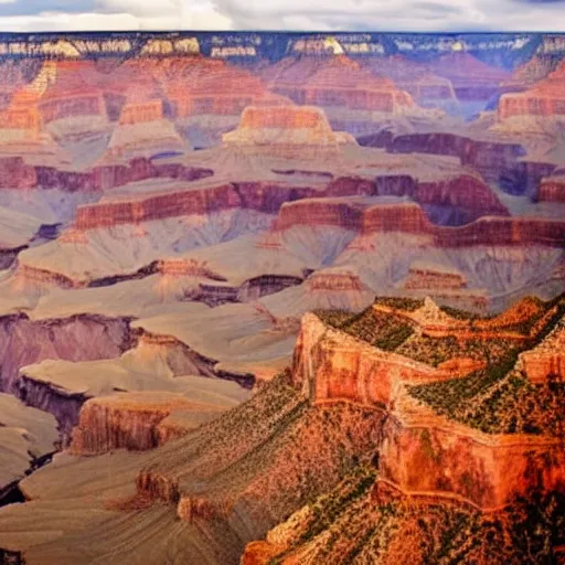 Image similar to view from a helicopter looking down into the grand canyon, photorealistic