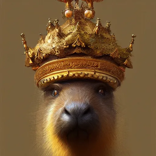 Image similar to detailed photorealistic painting of a capybara wearing a highly detailed ornamented crown typical, sharp focus in the style of ruan jia, Mandy jurgens, cinematic light, concept art, trending on artstation, photorealistic, ultra realistic