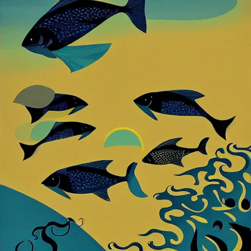 Image similar to fantastic mythical fish swimming around, eyvind earle style