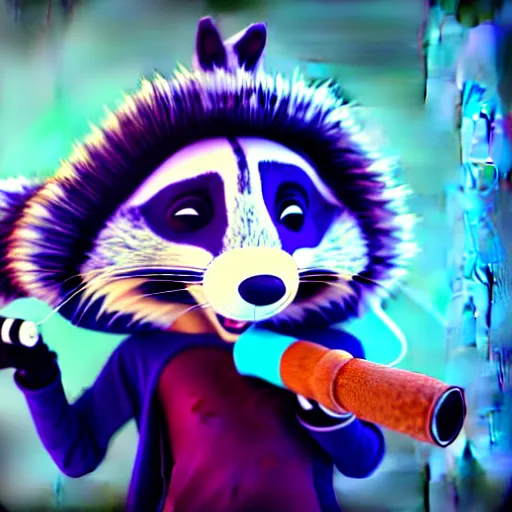 Image similar to a very relaxed stoner with a black hoodie on with a furry raccoon head from zootopia, wearing teal beanie, holding a small vape, blowing out smoke, 3 d render, 8 k, 4 k, extremely detailed fur, wearing a cool marijuana leaf t - shirt