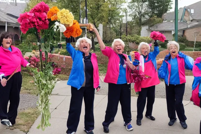 Image similar to a gang of old ladies waving sledge hammers and flowers, and wearing track suits laughing maniacally and screaming