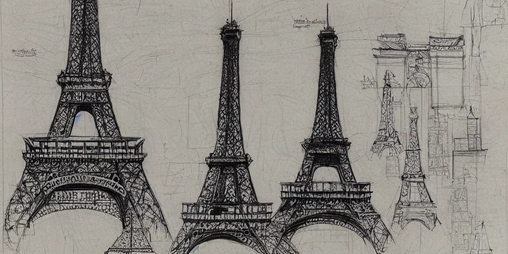 Image similar to architectural design studies of Eiffel Tower, different closeup view, drawn by Leonardo da vinci, ink and pen draw, artistic, intricated