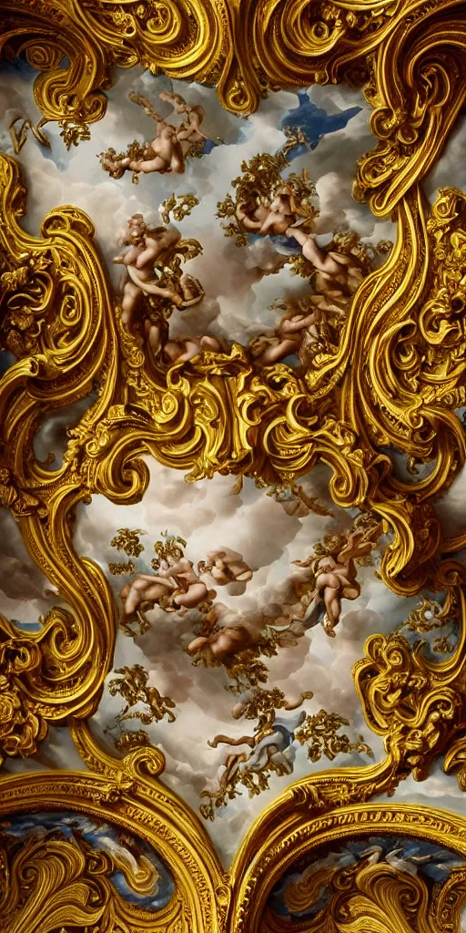 Image similar to the source of future growth dramatic, elaborate emotive Golden Baroque and Rococo styles to emphasise beauty as a transcendental, seamless pattern, symmetrical, large motifs, sistine chapel ceiling, 8k image, supersharp, spirals and swirls in rococo style, cartouches, white smoke and rainbow ink dropping in water, Gold black and rainbow colors, perfect symmetry, 3D, no blur, sharp focus, photorealistic, insanely detailed and intricate, cinematic lighting, Octane render, epic scene, 8K