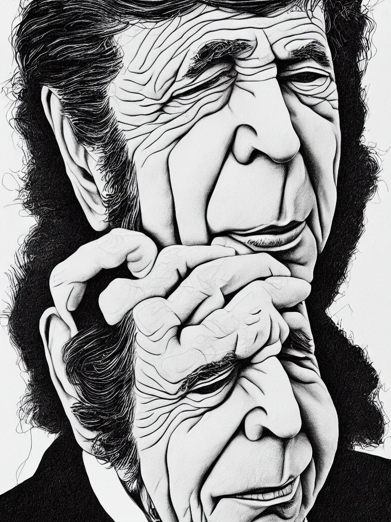 Image similar to detailed line art portrait of leonard cohen. caricatural, minimalist, bold contour lines, musicality, soft twirls curls and curves, confident personality, raw emotion