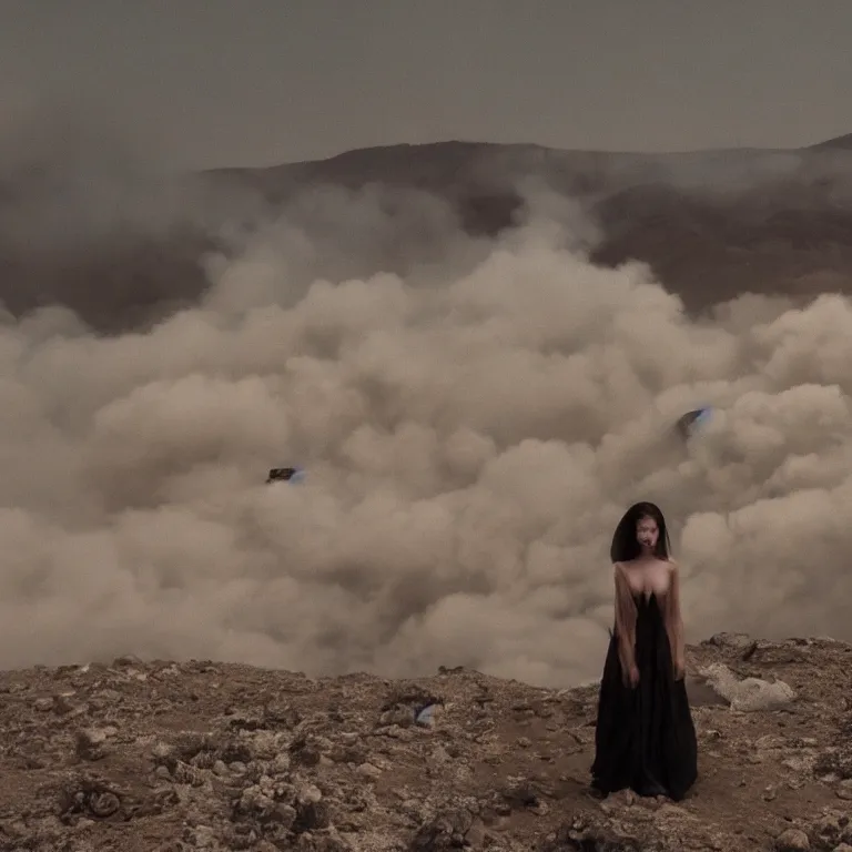 Image similar to The full body shot of beautiful pale woman with many flowers and full-face black mask inside a thick cloud black smoke in rocky desert landscape, glowing eyes, falling star on the horizon by Christopher Doyle, Gaspar Noe, Alejandro Jodorowsky, anamorphic lens, cinematic composition, award winning photo, 8k