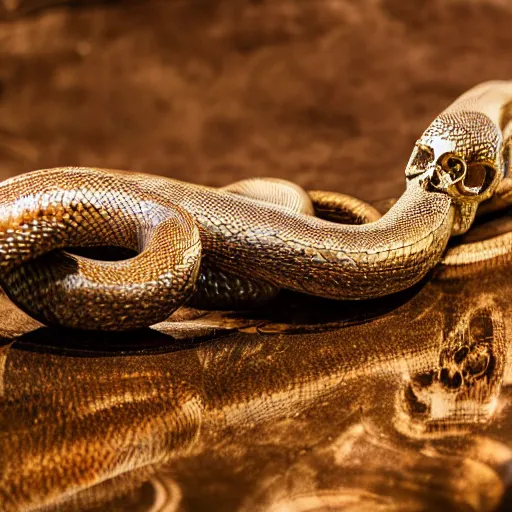 Image similar to giant and oversized coiled snake with a metallic skull as the head, room interior, dark fantasy, XF IQ4, f/1.4, ISO 200, 1/160s, 8K, RAW, unedited, symmetrical balance, in-frame