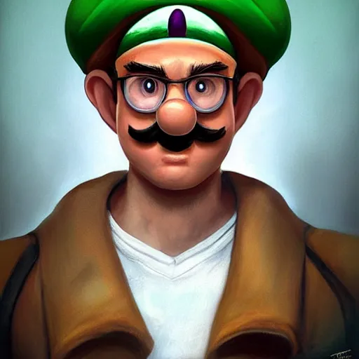 Image similar to luigi from super mario as realistic human character art portrait, matte fantasy painting, deviantart artstation, by jason felix by steve argyle by tyler jacobson by peter mohrbacher, cinema c 9. 0