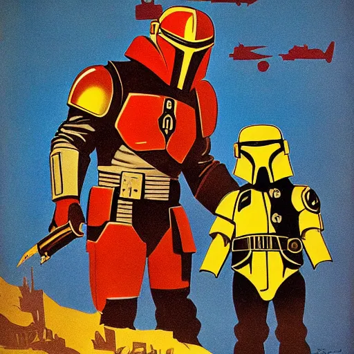 Image similar to soviet propaganda poster of the mandalorian and baby grogu