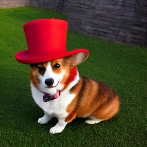 Prompt: a corgi wearing a red tophat