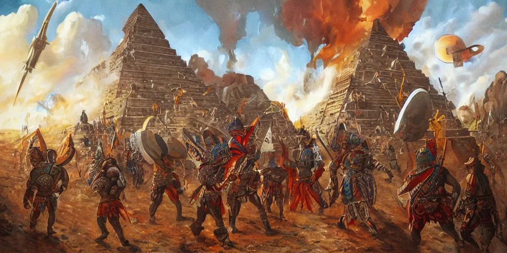 Prompt: simonetti rutkowski epic painting aztec warriors watching spaceship starship arriving to mesoamerican pyramid