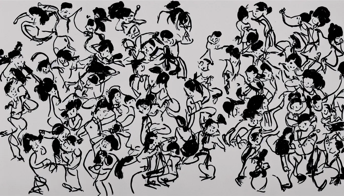 Prompt: dance party in traditional chinese ink brush