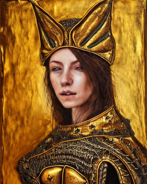Prompt: encaustic painting portrait of woman in shining golden armor, high production value, intricate details, high resolution, hdr, high definition, masterpiece, realistic, ultrarealistic, highly detailed, hd, sharp focus, non blurry, sharp, smooth