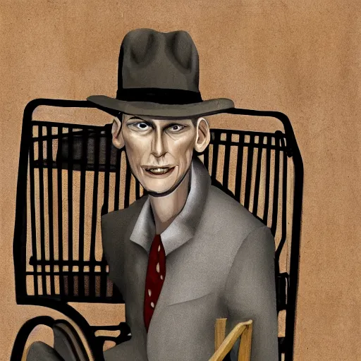 Prompt: nick valentine is sitting in a shopping cart, realism, stylization of art