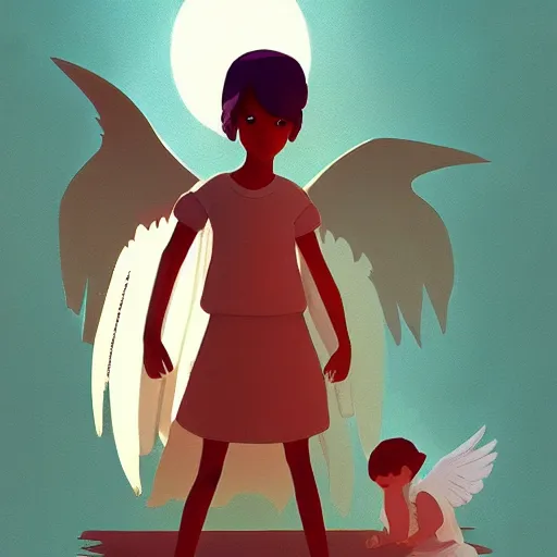 Image similar to Angel protecting child by james gilleard, very detailed, deviantart, artstation