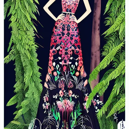 Prompt: zuhair murad dress fashion illustration by eko nugroho, jungle background, fine detail