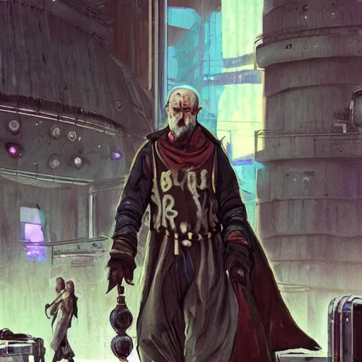 Image similar to Xerxes the Beggar priest with cyberpunk headset in a busy spaceport on Poseidon 5 colony. Gritty Concept art by James Gurney.