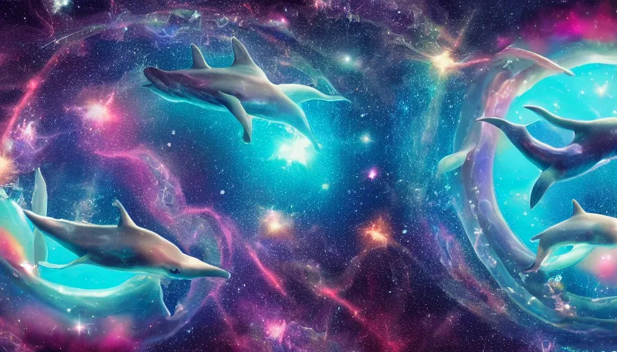 Prompt: a couple of cosmic dolphins swimming and jumping out of a ocean of the cosmos, epic composition, 4 k