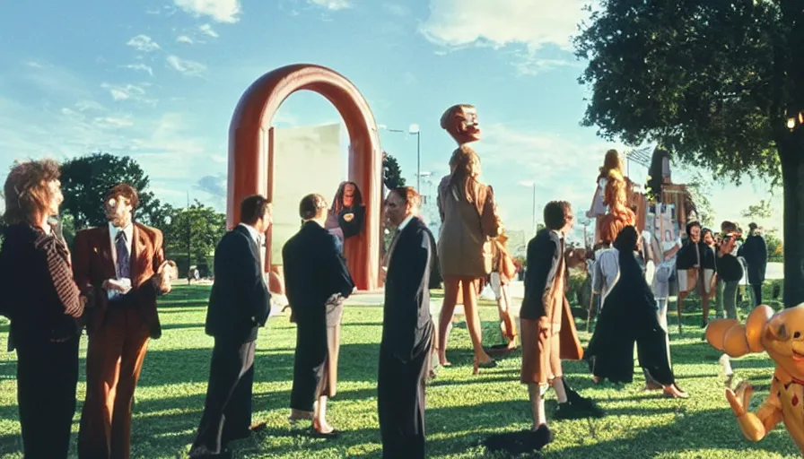 Image similar to 1990s candid photo of a beautiful day at the park, cinematic lighting, cinematic look, golden hour, costumed business mascot people coming out of a portal, Enormous personified business people with outstandingly happy faces coming out of a portal and talking to families, UHD