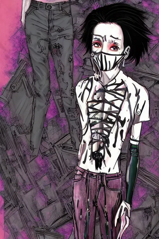 Image similar to a skinny goth guy wearing a face mask standing in a cluttered 9 0 s bedroom, full body character concept art, vaporwave colors, hirohiko araki art, inio asano art,