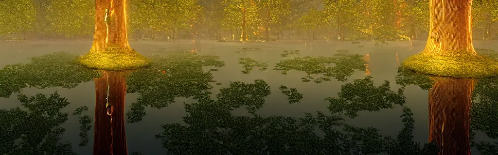 Image similar to fantasy forest of glowing trees and glowing flying insects, a lake reflecting the lights, myst on the air, cinematic feel, hyper realistic, high detail, blender render .