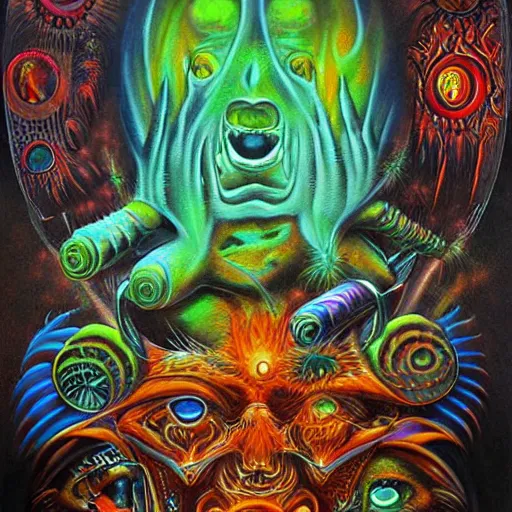 Image similar to the second layer of hell, airbrush art, shamanic dmt horror art, by basuki abdullah