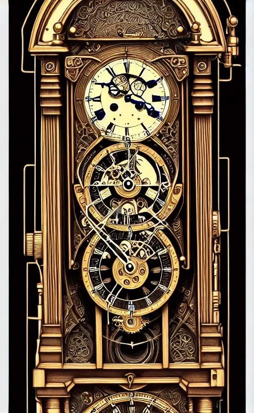 Image similar to ornate steampunk grandfather clock, high details, intricately detailed, by vincent di fate, inking, lineart, 3 color screen print, masterpiece, trending on artstation,, sharp, details, hyper - detailed, hd, 4 k, 8 k