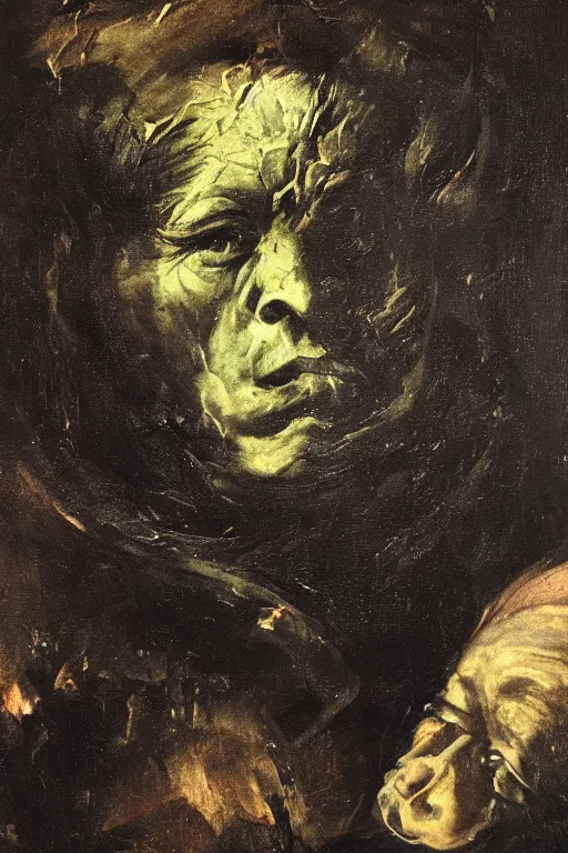 Image similar to mysterious portrait of medici coming out from the dark void, face partially melting like glitching out LSD effect, the face breaking down like a flower glitch, figure in the darkness of renaissance, Francisco Goya, painted by John Singer Sargant, Adrian Ghenie, style of Francis Bacon, highly detailed, 8k, trending on artstation