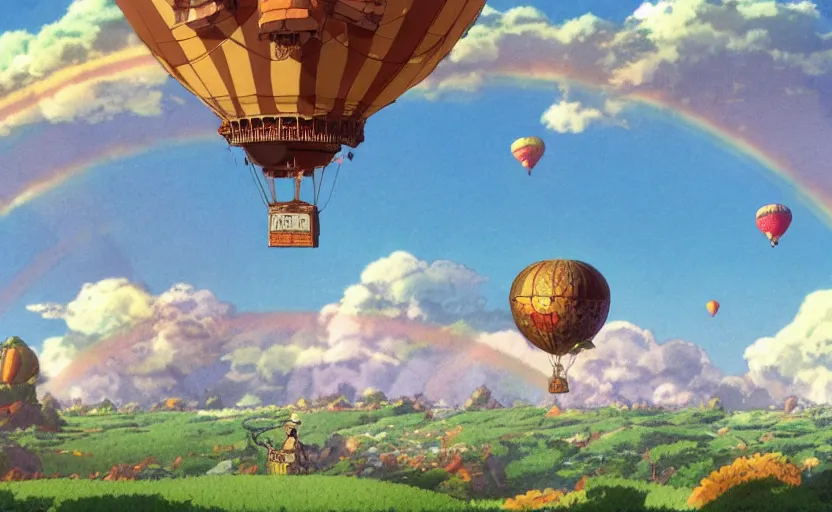 Image similar to a single steampunk hot air balloon flying through the sky with fluffy white clouds and a double rainbow, detailed digital concept art, 4 k movie still, by studio ghibli and winsor mccay