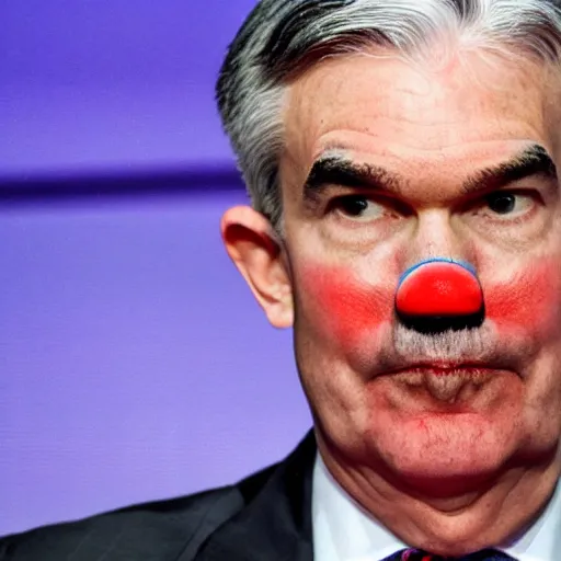 Image similar to Jerome Powell with colorful clown makeup all over his face whiteface, derp eyes