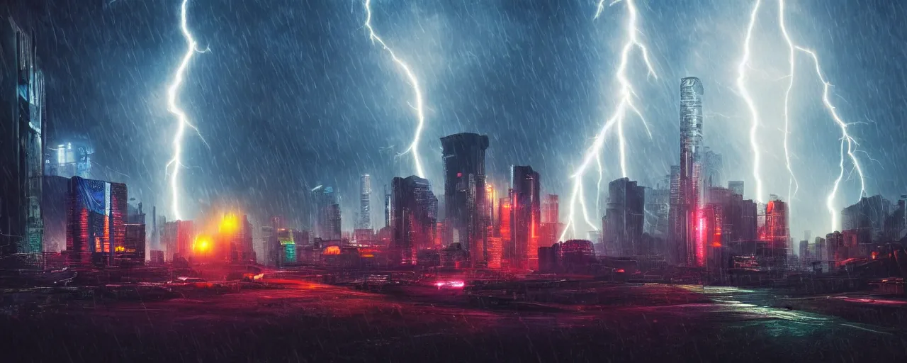 Image similar to cyberpunk landscape, vivid, volumetric lighting, lightning, thunder, storm, portal, puddles, mystical, lens flares, fog