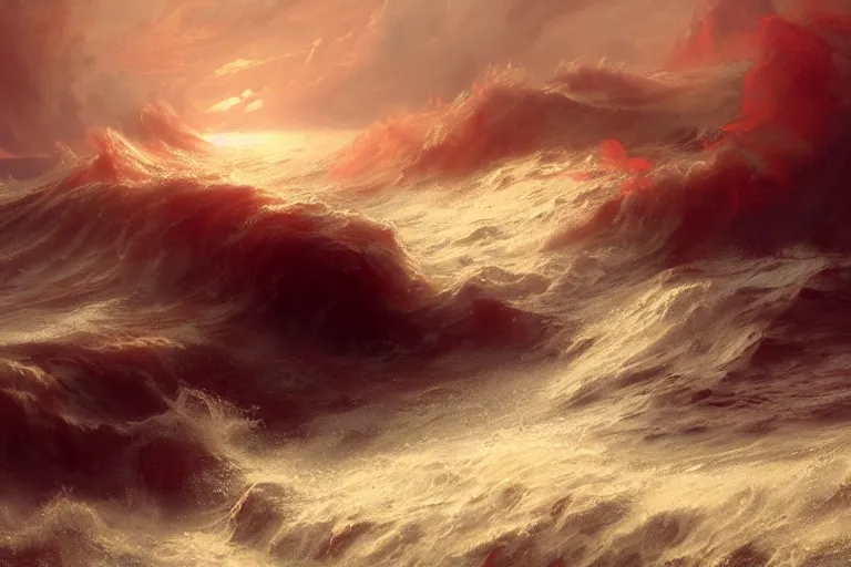 Prompt: turbulent ocean made of dark - red energy emanating mist under a bed of loquaciously indulgent cloudy skies, illustrated by greg rutkowski and gaston bussiere, artstation, cgsociety contest winner, intricately defined, complexly detailed, zbrush, mannerism, 4 k