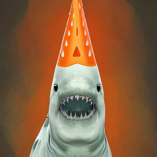 Image similar to great white shark with an orange traffic cone instead of a fin - ron cheng & alphonse mucha, highly detailed, digital painting, ray tracing, concept art, illustration, smooth sharp focus, intricate, symmetry, artstation,