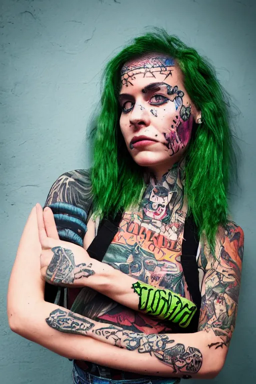 Image similar to upper body portrait hannah as a punk woman with green mohawk, covered in neotraditional style tattoos, wearing a bold tee shirt, flannel jacket, fishnets and a long tartan skirt, intimidating, max details, hyperrealistic, photorealistic, ultra - realistic, ultra - detailed, cinematic, 8 k resolution by alan lee