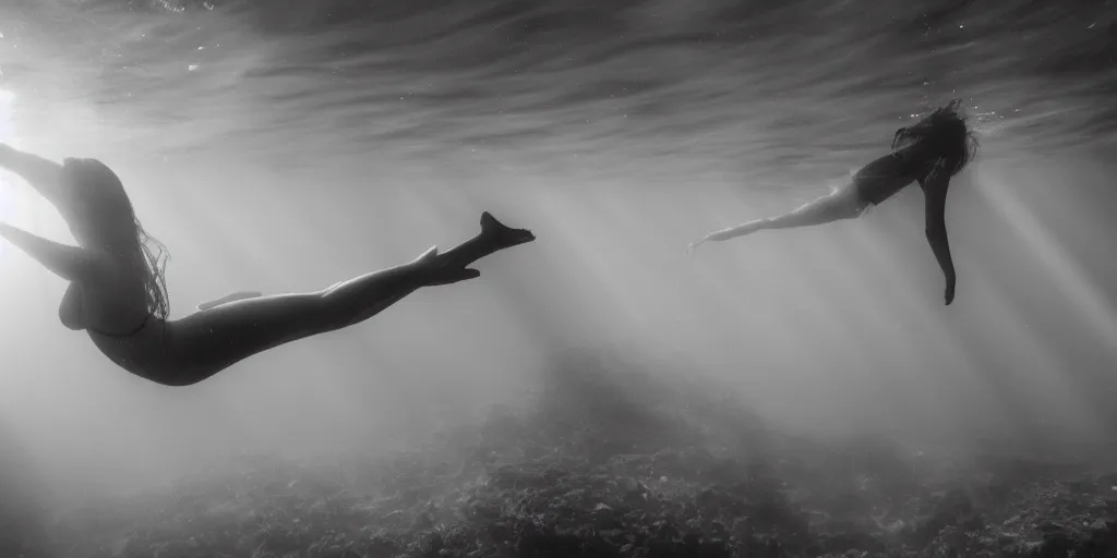 Prompt: female model in deep trench , swimming toward the sun rays and caustics, film , cinematic, black and white underwater photography