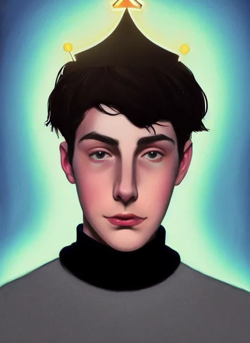 Image similar to portrait of teenage jughead jones wearing a light grey crown, crown, blue turtleneck, 1 9 5 0 s, closed eyes, photorealistic, black hair, glowing lighting, intricate, elegant, glowing lights, highly detailed, digital painting, artstation, concept art, smooth, sharp focus, illustration, art by wlop, mars ravelo and greg rutkowski