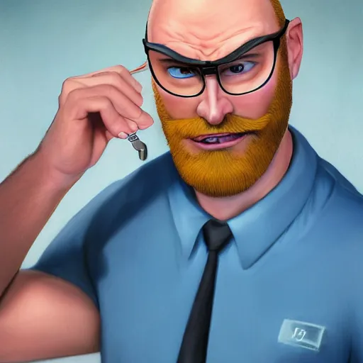 Prompt: Dr. Venture in real life with a reddish-brown chin strap goatee, realistic, very realistic, hyperrealistic, highly detailed, very detailed, extremely detailed, detailed, digital art, oil painting, trending on artstation, headshot and bodyshot, detailed face, very detailed face, extremely detailed face, HD Quality, 8k resolution