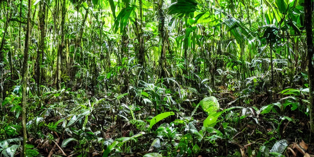 Image similar to photo of a chrome blob deep in the amazon jungle, wide shot