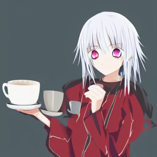 Image similar to white hair, red eyes, two small horn on the head, anime style, anime girl holding a cup of coffee