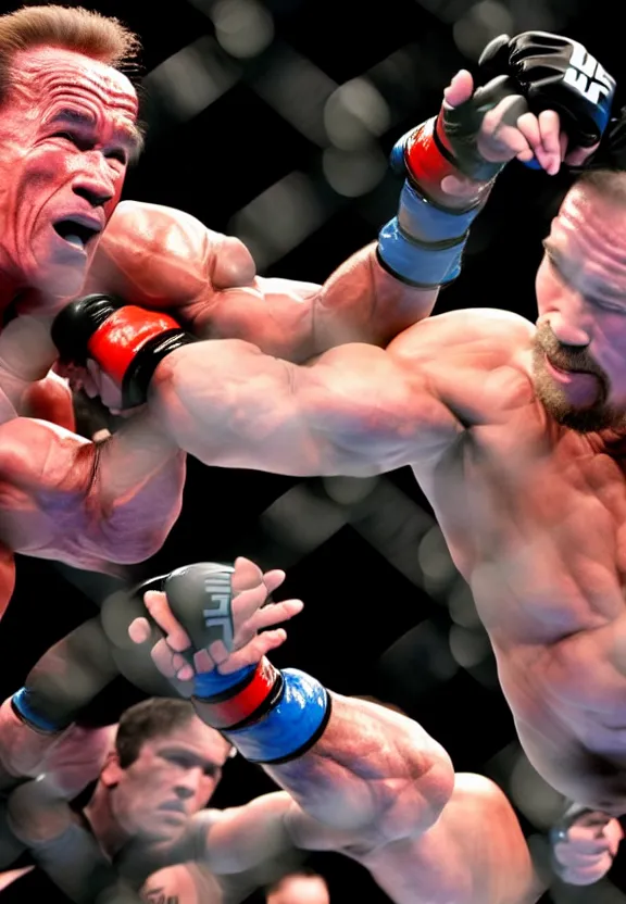 Prompt: streaming still of arnold schwarzenegger fighting in the ufc, punching the opponent