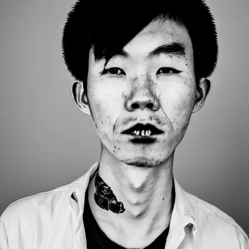 Image similar to beautiful tragic young chinese man with gutterpunk poke and stick face tattoos at dusk, black & white, richard avedon, 5 0 mm, grainy, low light