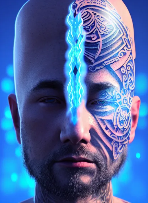 Image similar to 3 d shaman with tattoos profile portrait, sigma 5 0 0 mm f / 5. beautiful intricate highly detailed. bioluminescent, plasma, frost, water, wind, creature, gradient background, thunderstorm! artwork by tooth wu and wlop and beeple and greg rutkowski, 8 k trending on artstation,